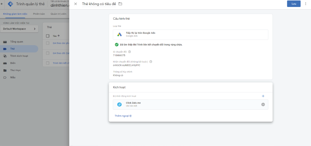 Cài đặt thẻ cho GG ADs dùng chung trình kích hoạt