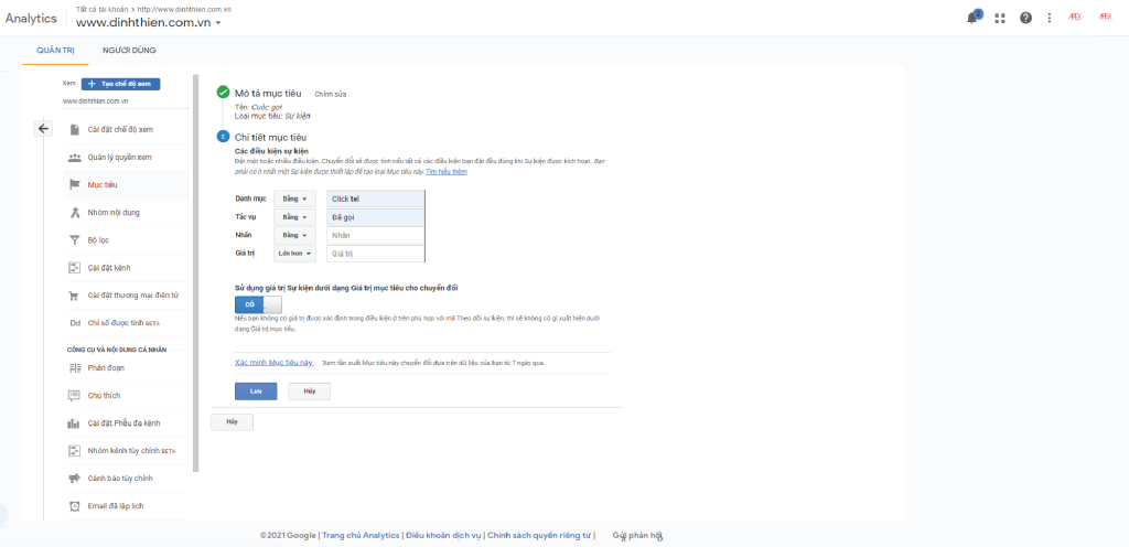 Chi tiết mục tiêu theo cấu hình GTM