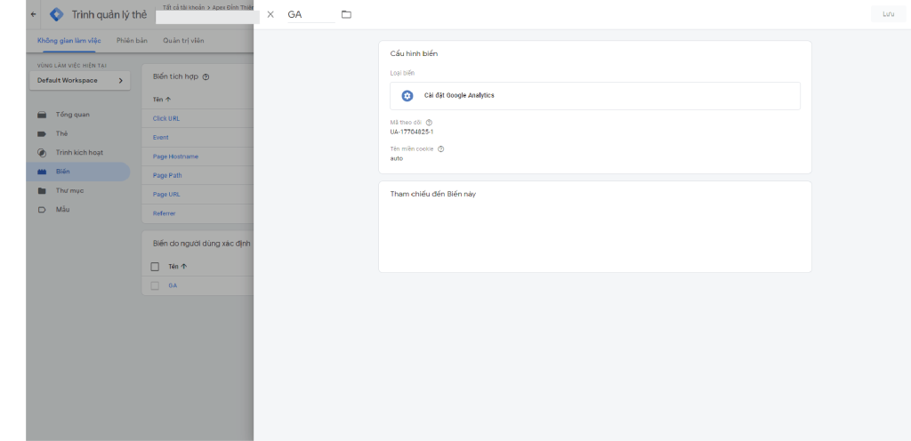 Tạo biến cài đặt theo dõi trên Goole Analytic