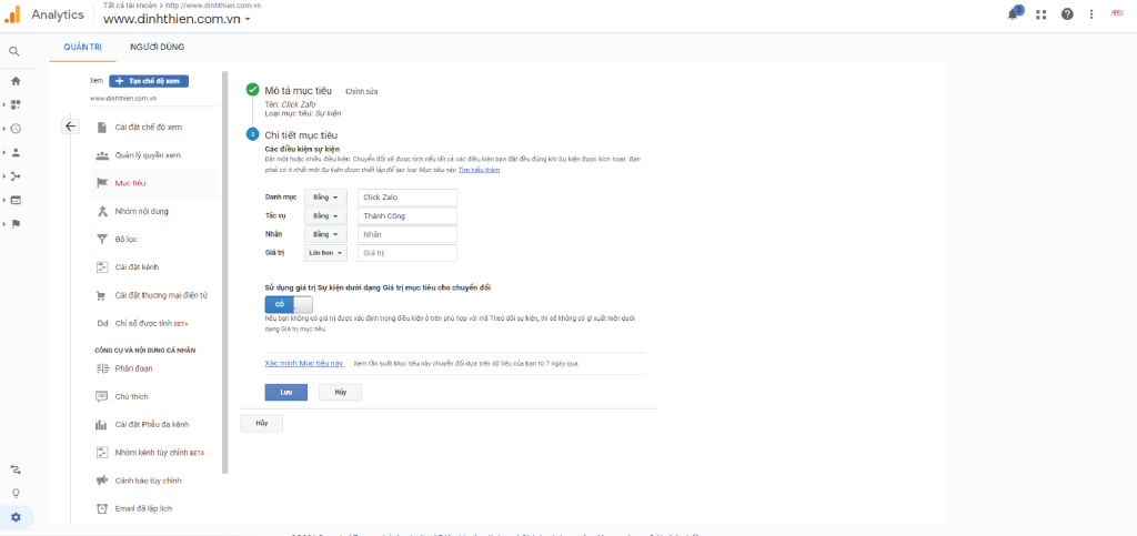 Tạo mục tiêu trên GA để ghi lại chuyển đổi Click Zalo