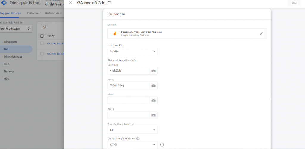 Tạo thẻ cho chuyển đổi Zalo với trình kích hoạt tương ứng