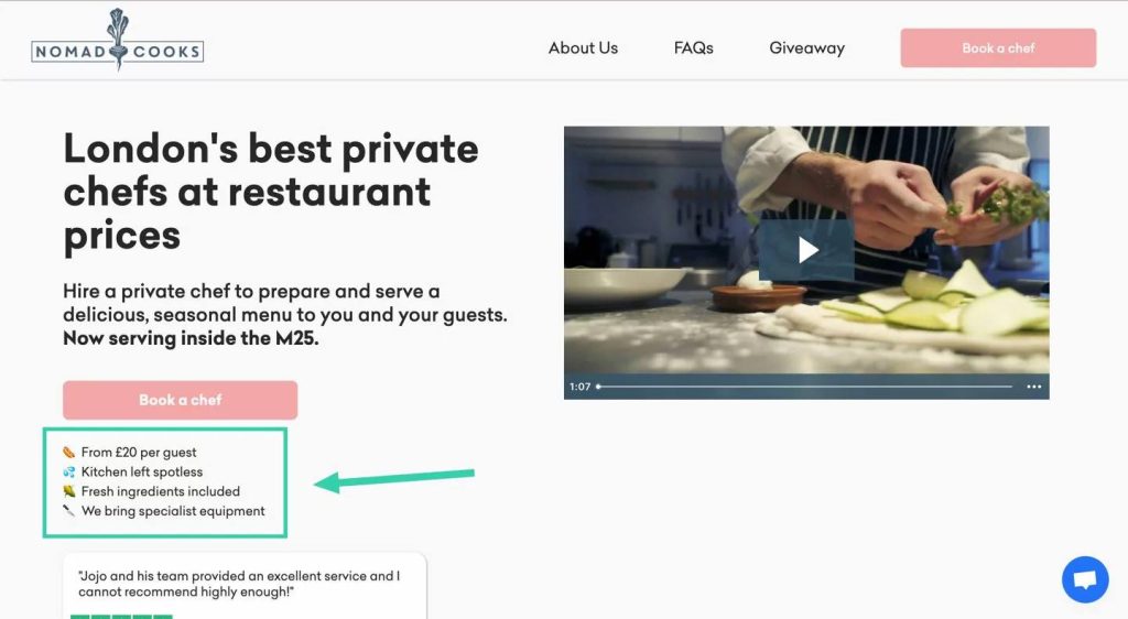 Thêm các thông tin giải đáp thắc mắc dưới nút CTA đã giúp Nomad Cooks tăng tỷ lệ chuyển đổi lên đến 124%
